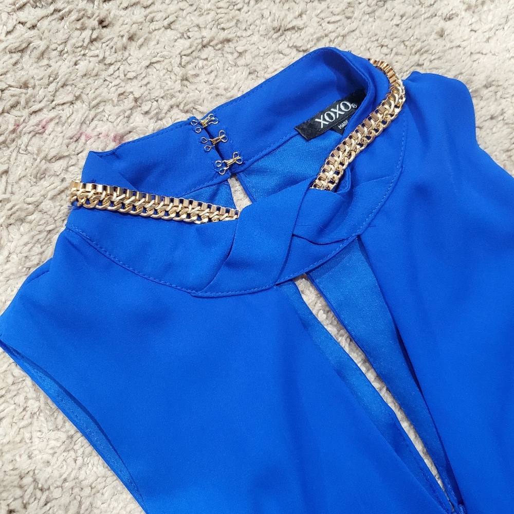 NWOT XOXO Gold Chain High-Neck Blue Jumpsuit
